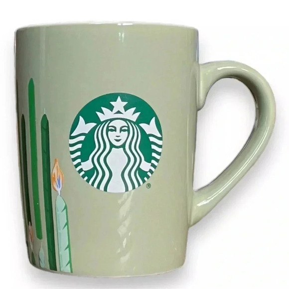 STARBUCKS Green w/ Green & Blue Birthday Candles Coffee Mug Cup 10 oz 2021 NEW - Picture 1 of 3